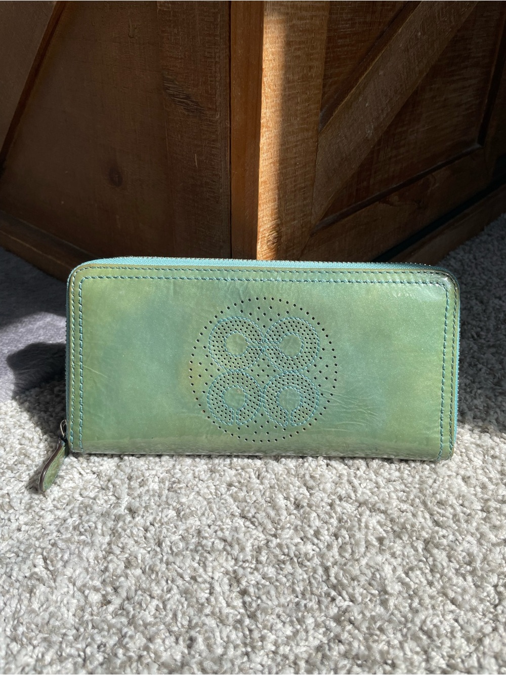 Coach Audrey Continental Zip Wallet Teal Green Patent Leather